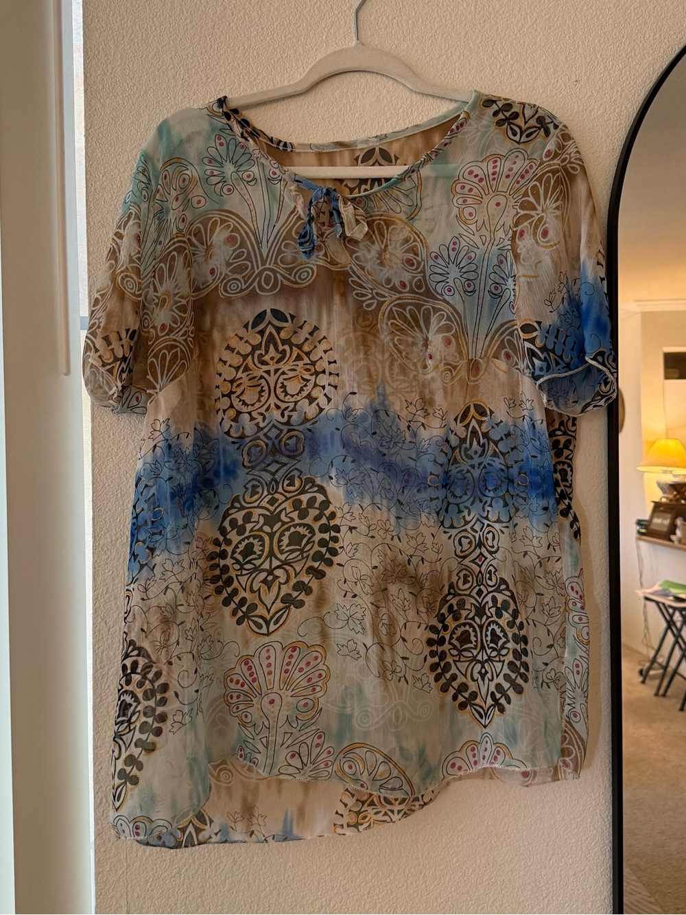 Boho Sheer Floral Medallion Tie Neck Blouse Blue Tan Lightweight Top Fairycore M
